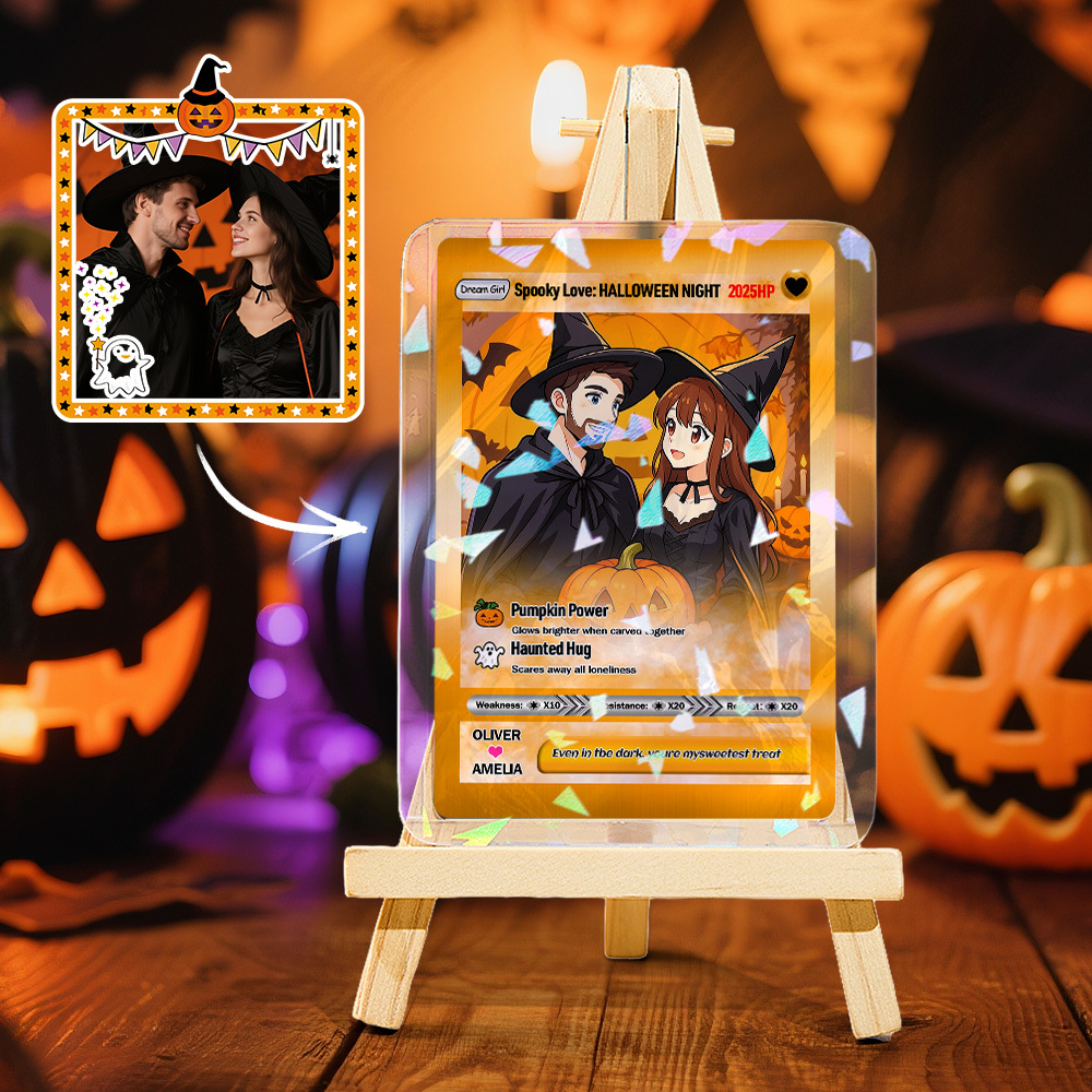 Custom Halloween & Christmas Couple Card – Personalized Cartoon Trading Card with Photo & Name, Unique Holiday Gift for Him & Her - 