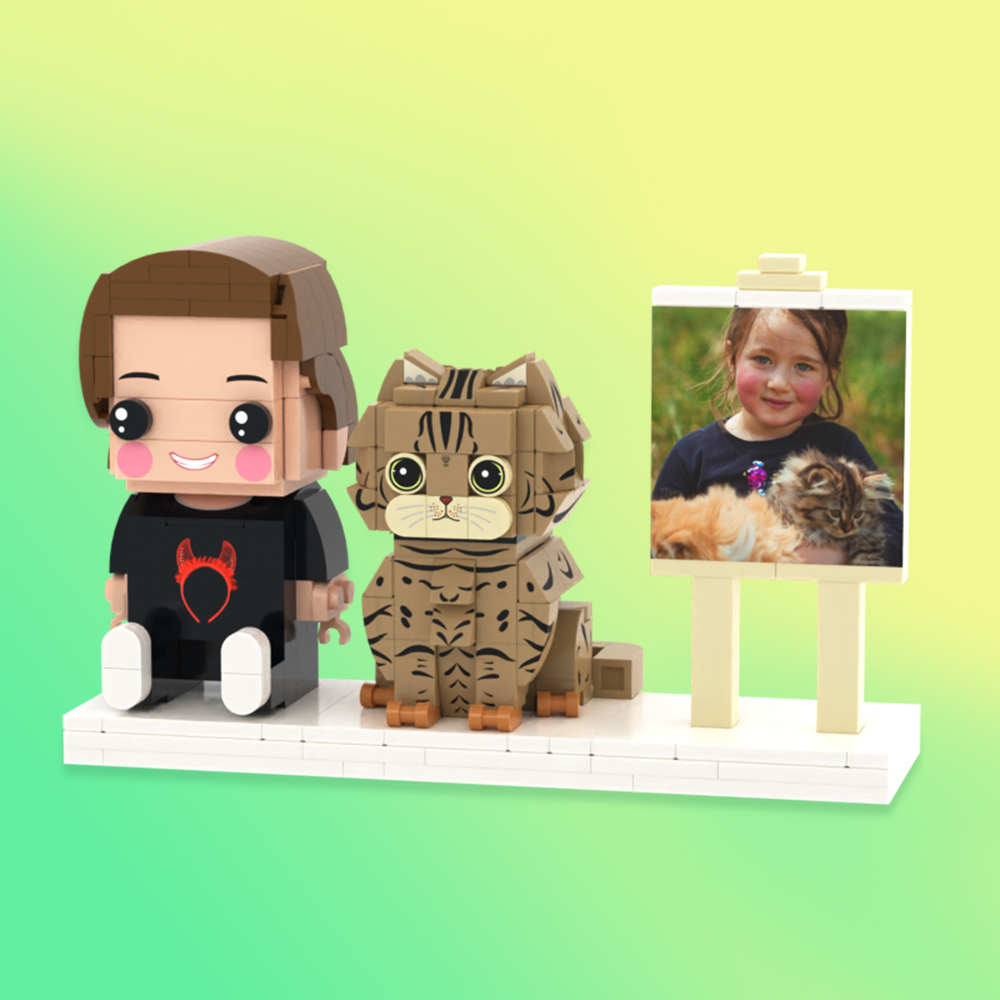 Personalized Full Body 2 People with Dog Brick Figures Custom Sitting Brick Figures - 