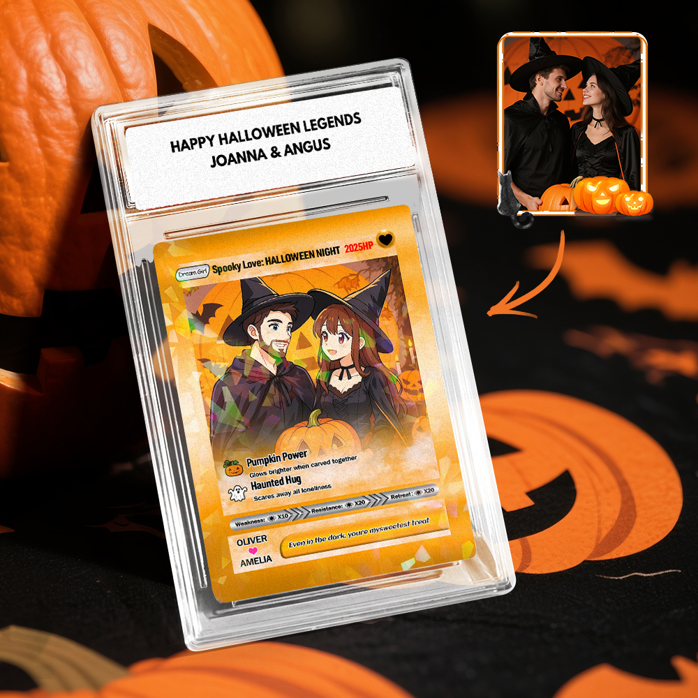 Custom Halloween & Christmas Couple Card – Personalized Cartoon Trading Card with Photo & Name, Unique Holiday Gift for Him & Her - 