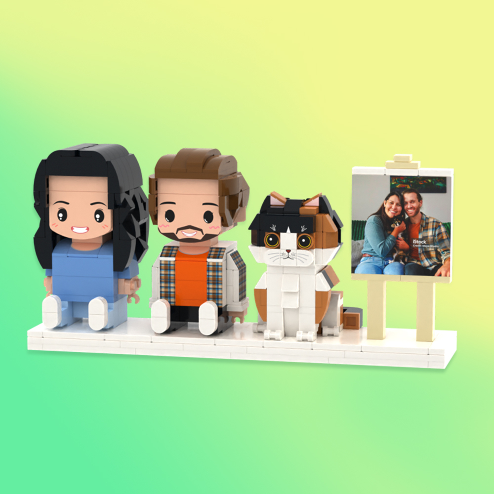 Personalized Full Body 2 People with Dog Brick Figures Custom Sitting Brick Figures - 