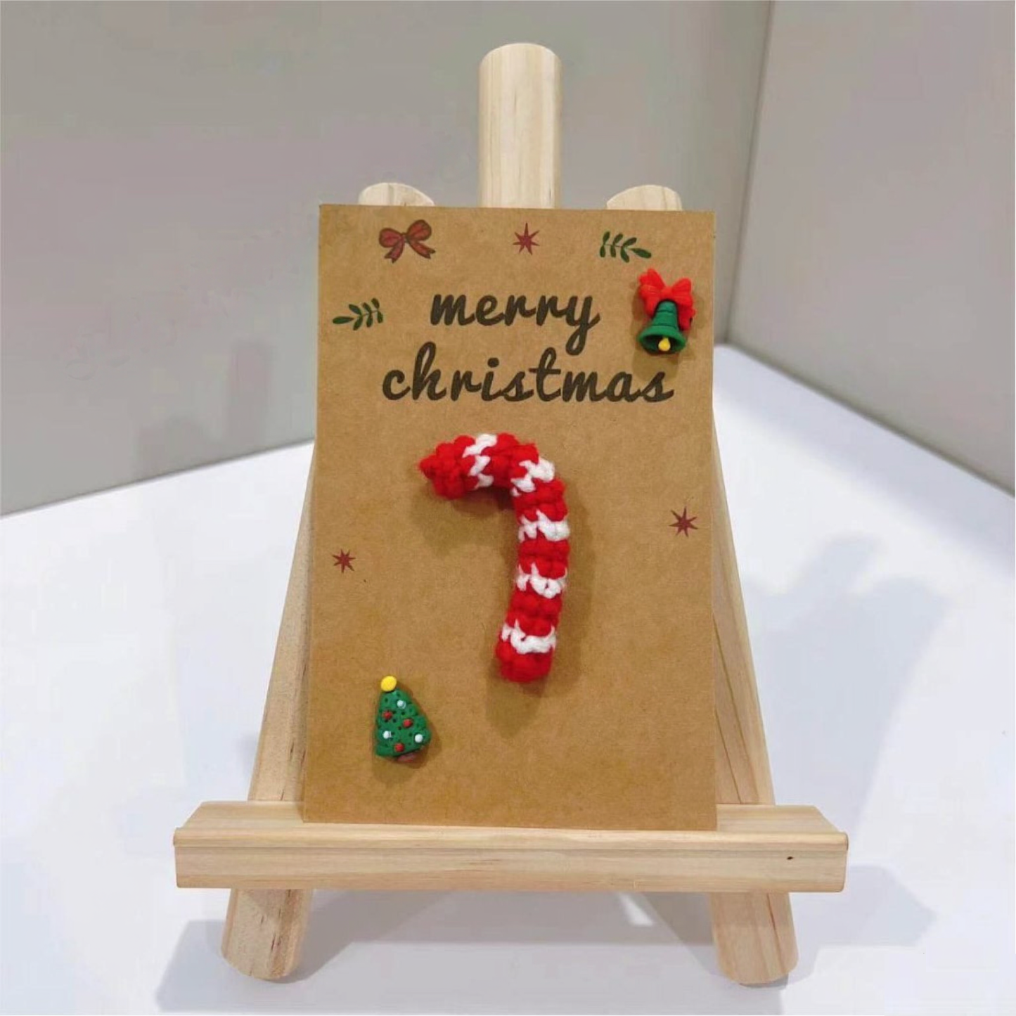 Handmade Crochet Christmas Candy Cane Greeting Card Merry Christmas 3D Knitted Floral Card, Romantic Gift for Her - 