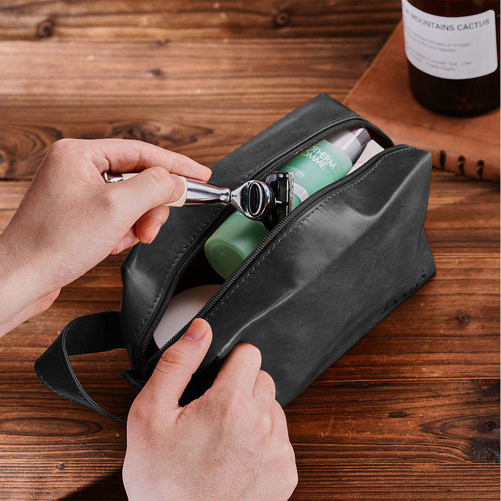 Custom Name Engraved Men's Toiletry Travel Storage Bag Leather Bag - 