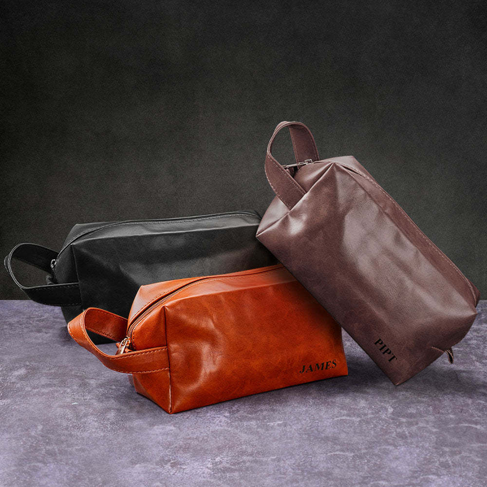 Custom Name Engraved Men's Toiletry Travel Storage Bag Leather Bag - 