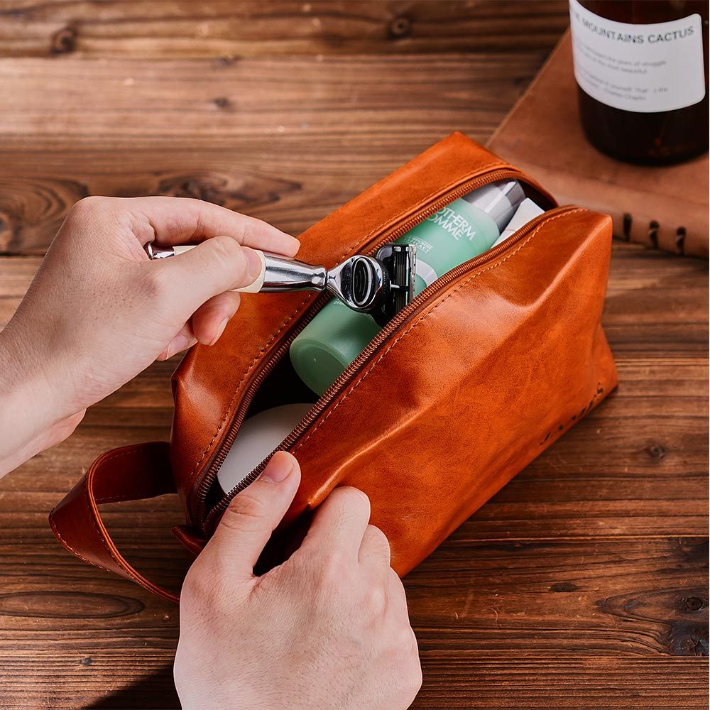 Custom Name Engraved Men's Toiletry Travel Storage Bag Leather Bag - 