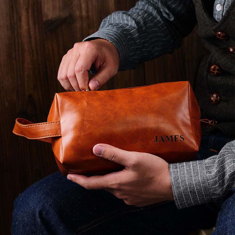 Custom Name Engraved Men's Toiletry Travel Storage Bag Leather Bag - 