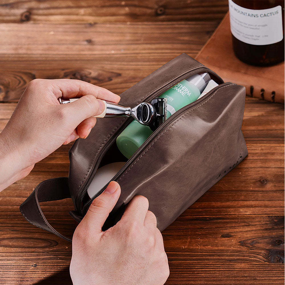 Custom Name Engraved Men's Toiletry Travel Storage Bag Leather Bag - 