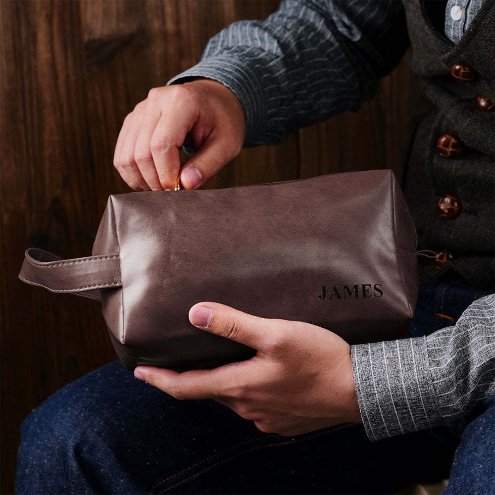 Custom Name Engraved Men's Toiletry Travel Storage Bag Leather Bag - 