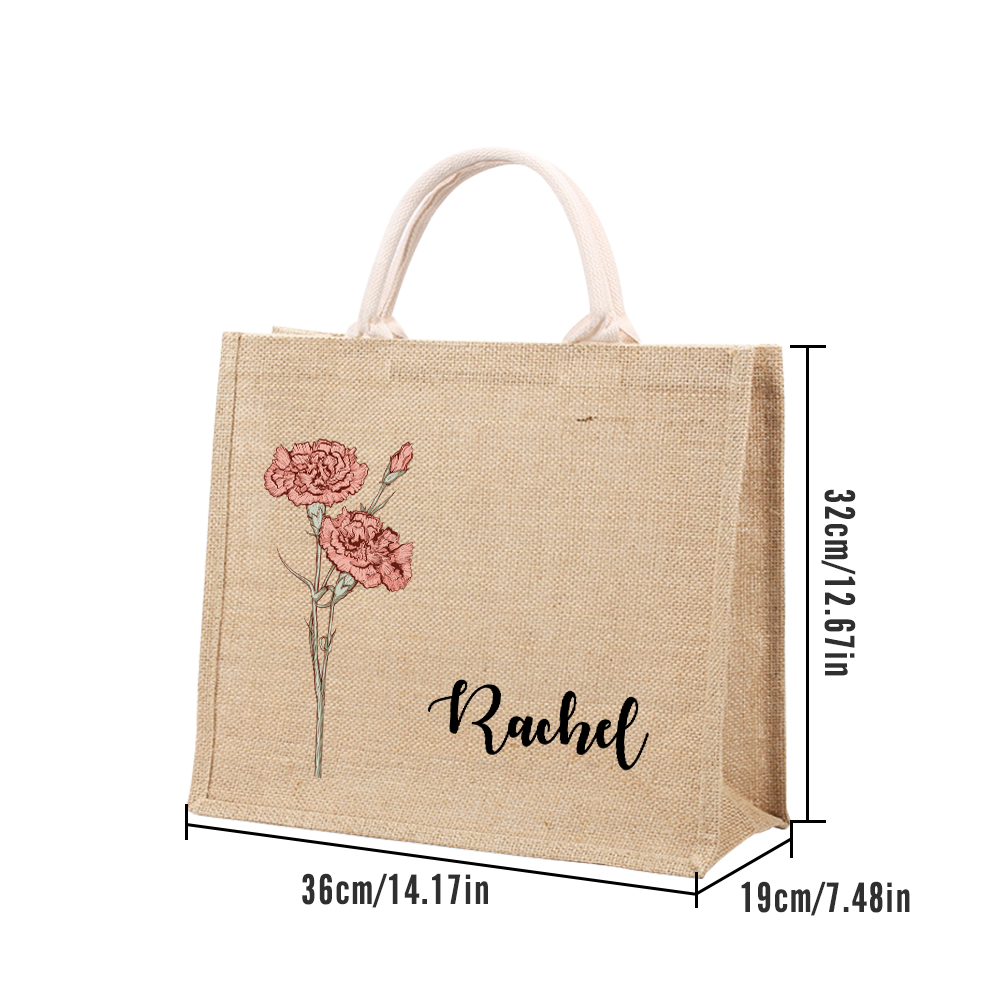 Personalized Birth Flower Beach Jute Tote Bag with Name Birthday Wedding Party Gifts for Her - 