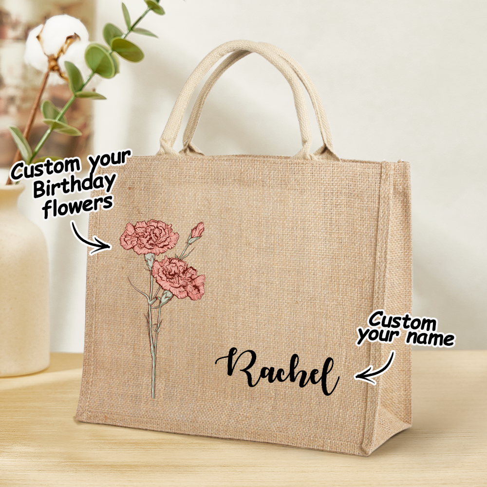 Personalized Birth Flower Beach Jute Tote Bag with Name Birthday Wedding Party Gifts for Her - 