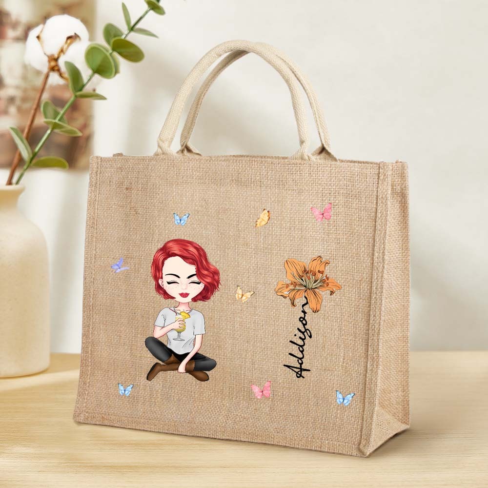 Personalized Cartoon Women Girl Birth Flower Jute Tote Bag with Name Wedding Birthday Gift for Her - 