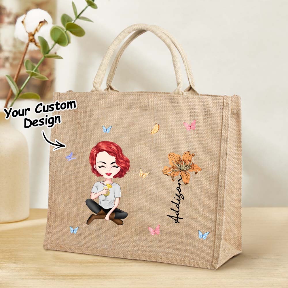 Personalized Cartoon Women Girl Birth Flower Jute Tote Bag with Name Wedding Birthday Gift for Her - 