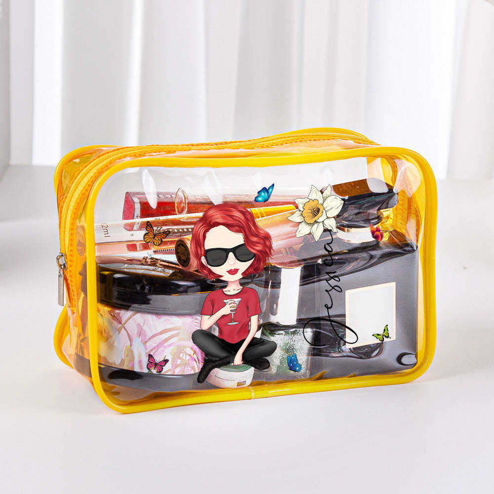 Personalized Cartoon Girl Birth Flower Clear Waterproof Makeup Bag with Name Birthday Gift for Her - 