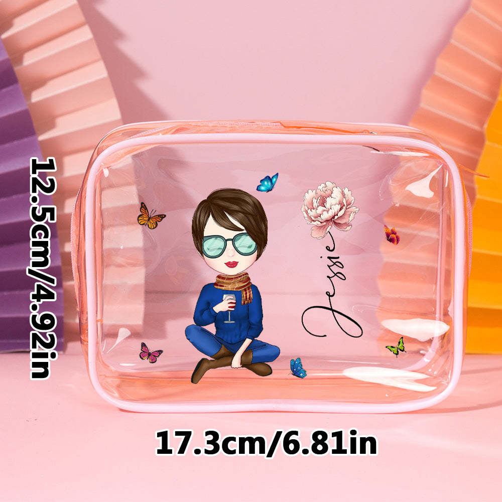 Personalized Cartoon Girl Birth Flower Clear Waterproof Makeup Bag with Name Birthday Gift for Her - 