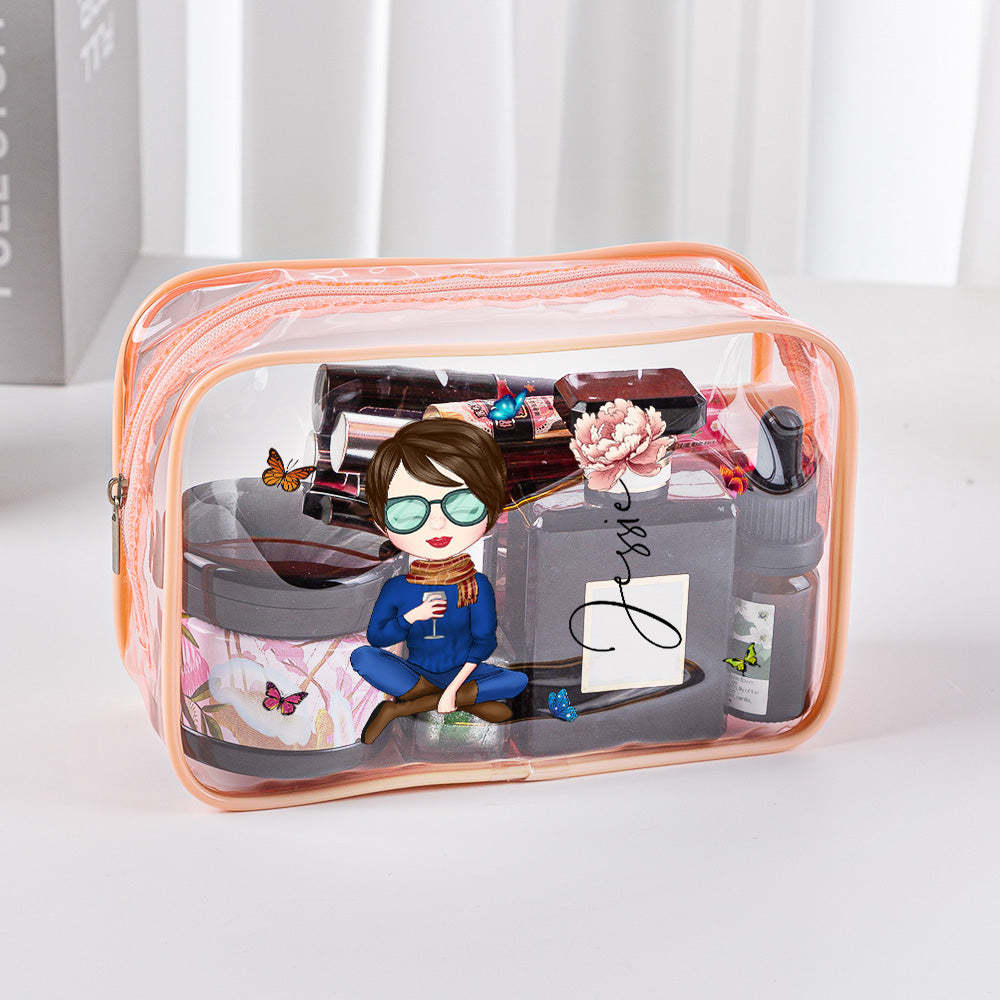Personalized Cartoon Girl Birth Flower Clear Waterproof Makeup Bag with Name Birthday Gift for Her - 