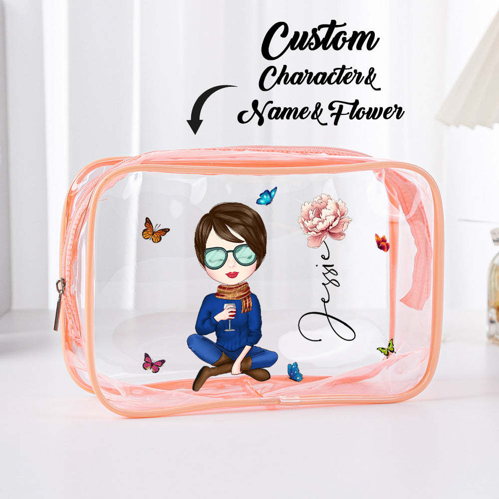 Personalized Cartoon Girl Birth Flower Clear Waterproof Makeup Bag with Name Birthday Gift for Her - 