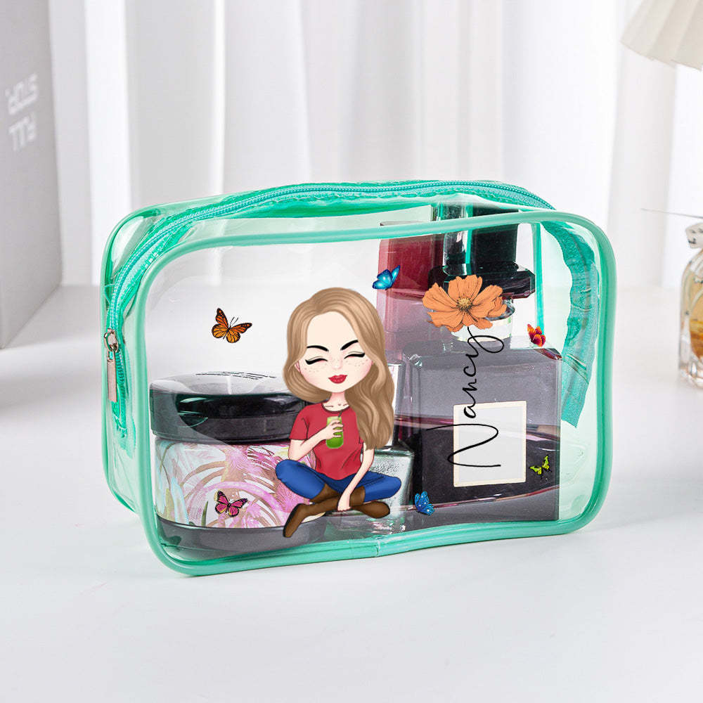 Personalized Cartoon Girl Birth Flower Clear Waterproof Makeup Bag with Name Birthday Gift for Her - 