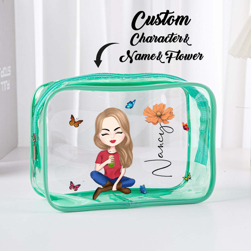 Personalized Cartoon Girl Birth Flower Clear Waterproof Makeup Bag with Name Birthday Gift for Her - 