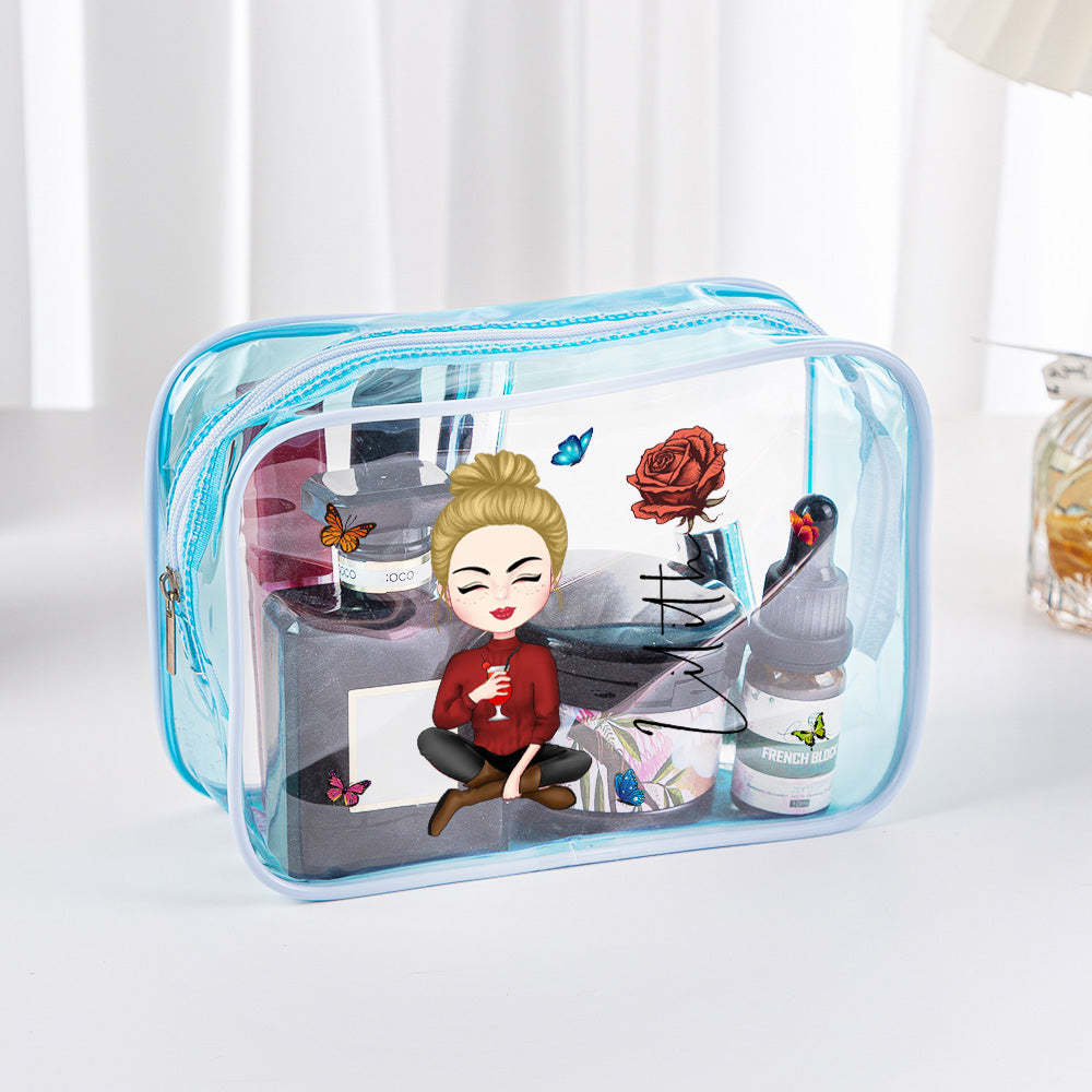 Personalized Cartoon Girl Birth Flower Clear Waterproof Makeup Bag with Name Birthday Gift for Her - 