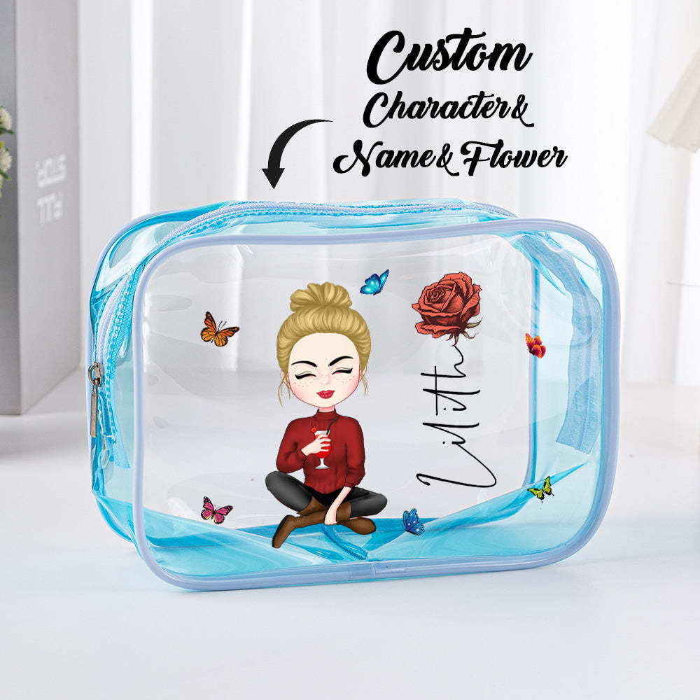 Personalized Cartoon Girl Birth Flower Clear Waterproof Makeup Bag with Name Birthday Gift for Her - 