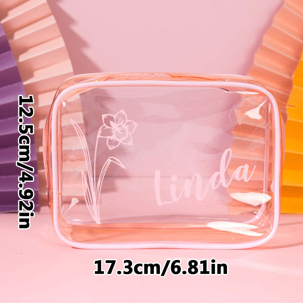 Personalized Birth Flower Name Clear Makeup Bag Birthday Wedding Travel Gift for Her - 