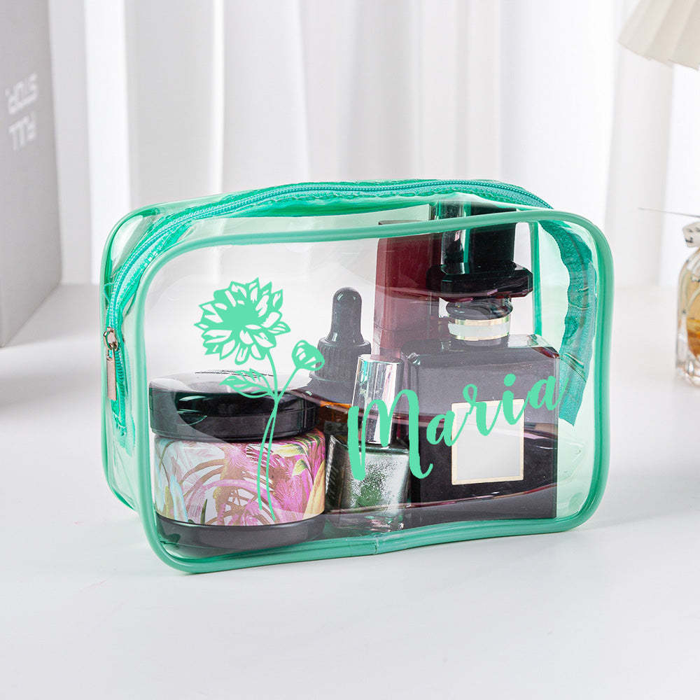 Personalized Birth Flower Name Clear Makeup Bag Birthday Wedding Travel Gift for Her - 