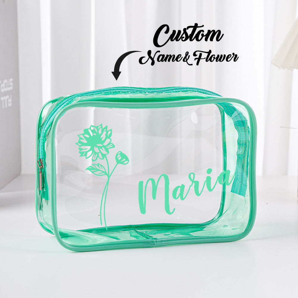 Personalized Birth Flower Name Clear Makeup Bag Birthday Wedding Travel Gift for Her - 