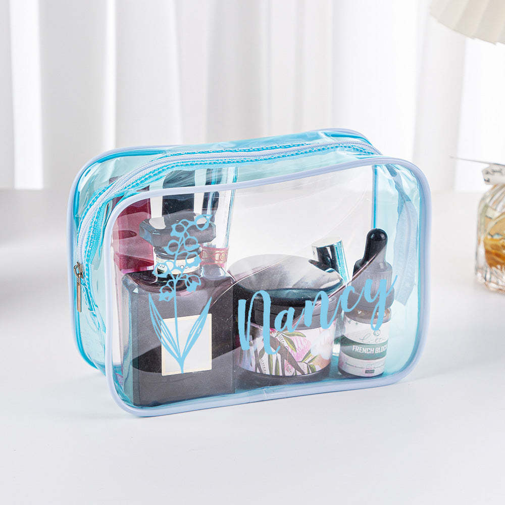Personalized Birth Flower Name Clear Makeup Bag Birthday Wedding Travel Gift for Her - 