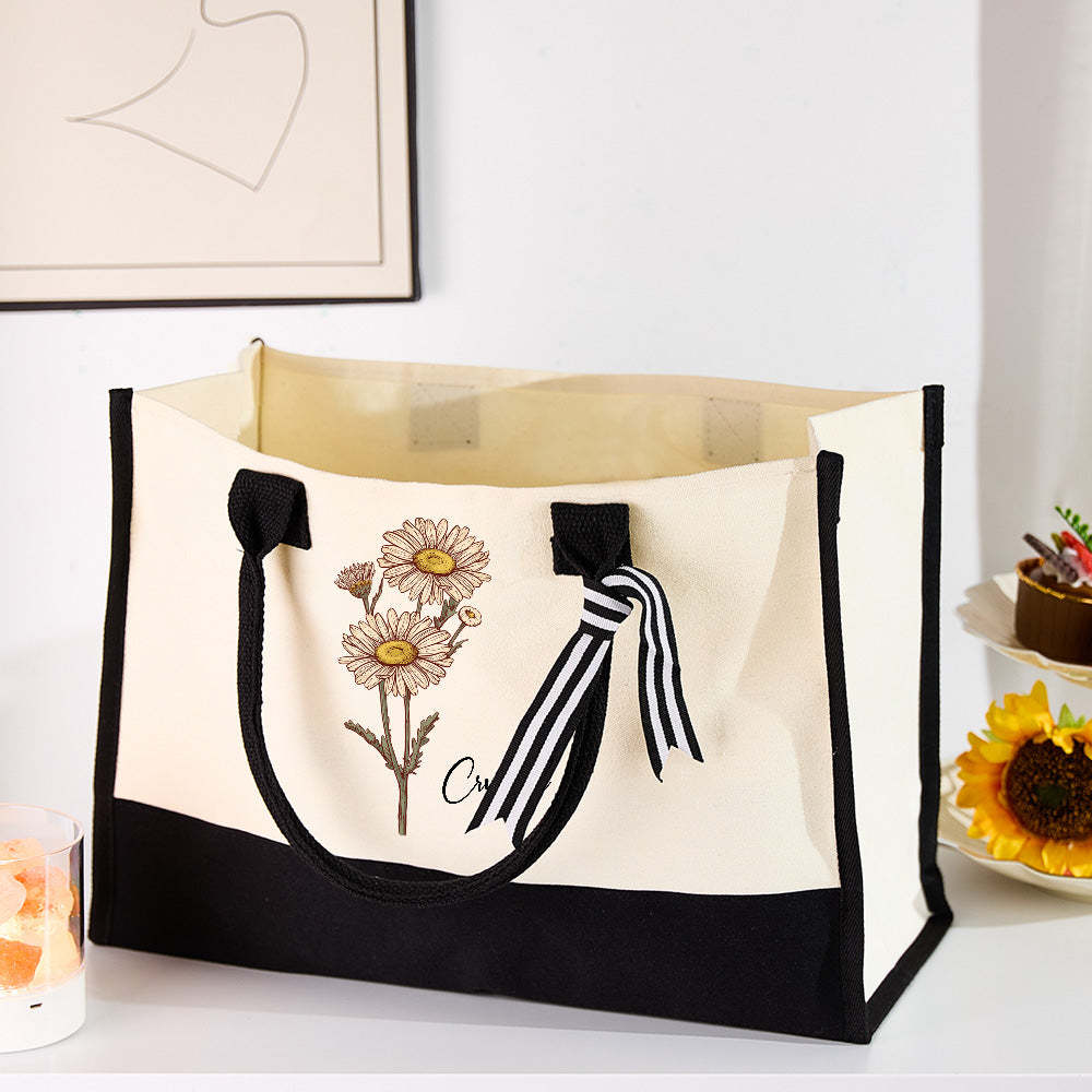 Personalized Birth Flower Canvas Tote Bag Large Capacity Beach Tote Bag Gift for Her - 