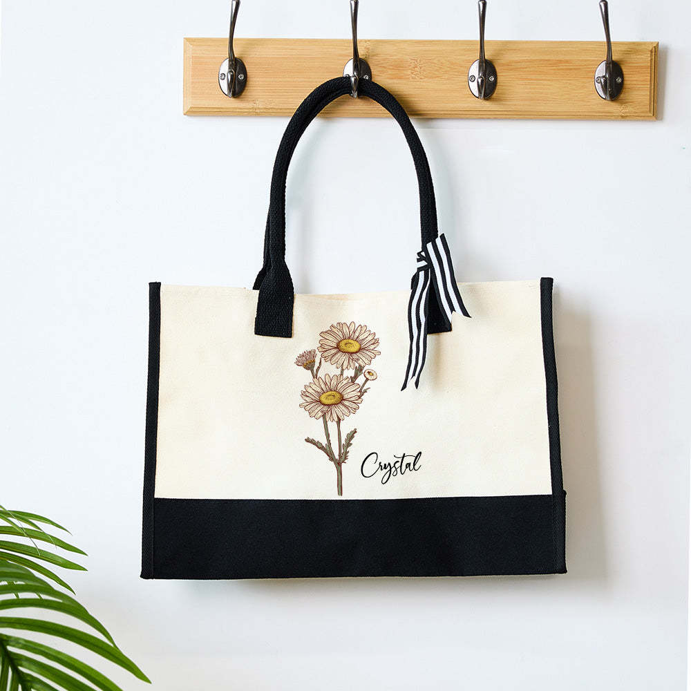 Personalized Birth Flower Canvas Tote Bag Large Capacity Beach Tote Bag Gift for Her - 