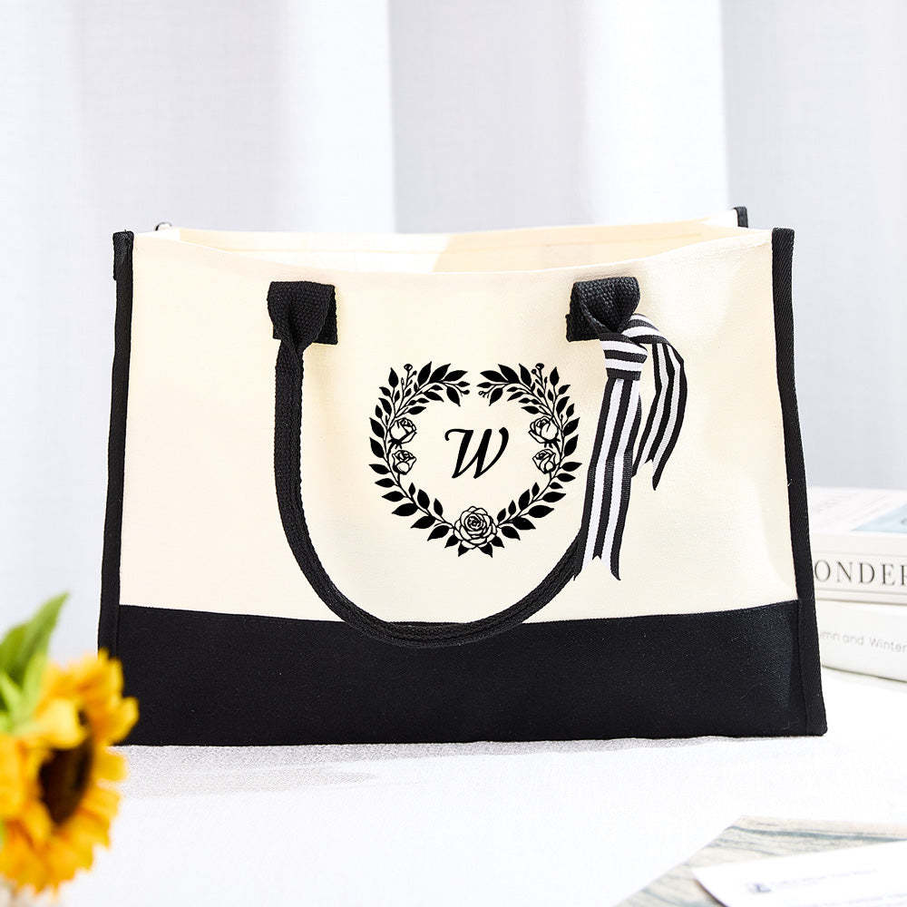 Personalized Wreath Initial Canvas Tote Bag Large Capacity Tote Bag Gift for Women - 