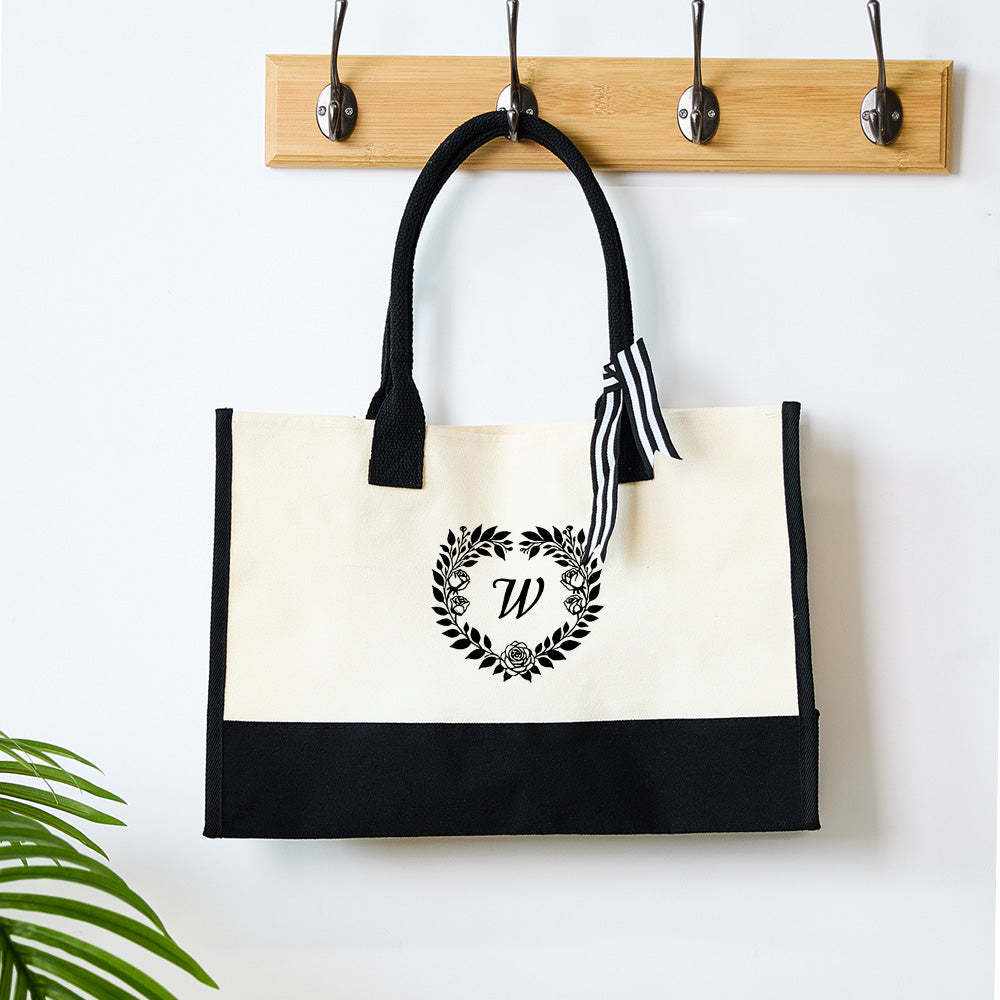 Personalized Wreath Initial Canvas Tote Bag Large Capacity Tote Bag Gift for Women - 