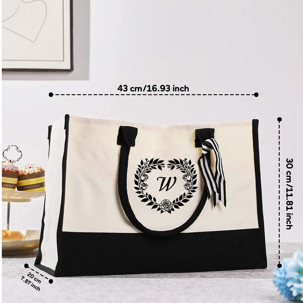 Personalized Wreath Initial Canvas Tote Bag Large Capacity Tote Bag Gift for Women - 