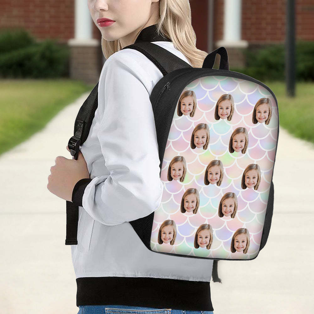 Custom Face Backpack Personalised Mermaid Color School Bag for Students - 