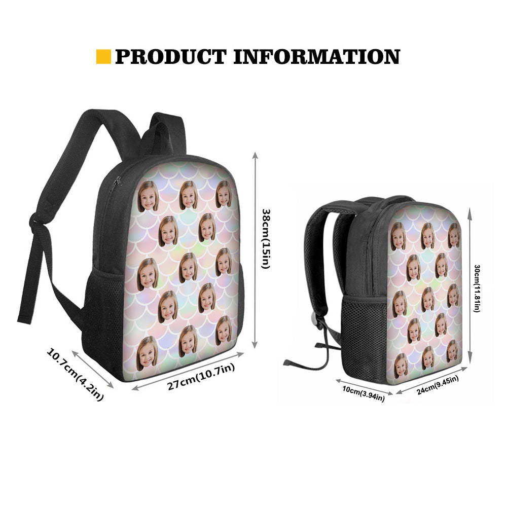 Custom Face Backpack Personalised Mermaid Color School Bag for Students - 