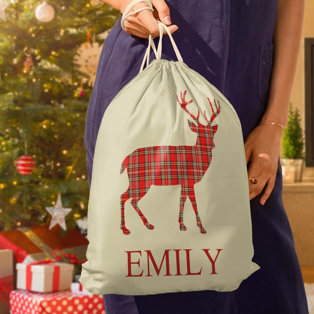 Custom Engraved Bag Tartan Stag Christmas Santa Sack Present Sack for Kids - 