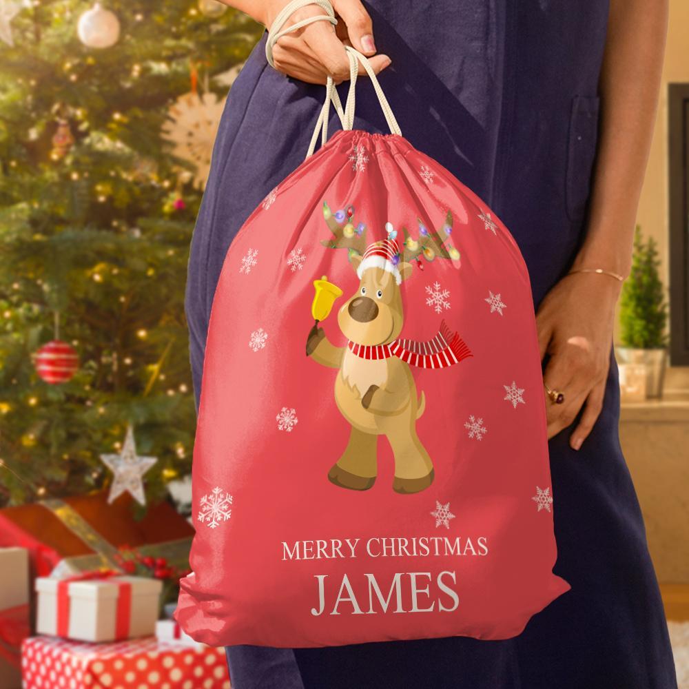 Custom Engraved Bag Cute Elk Christmas Sack Festive Gift for Boys & Girls - 