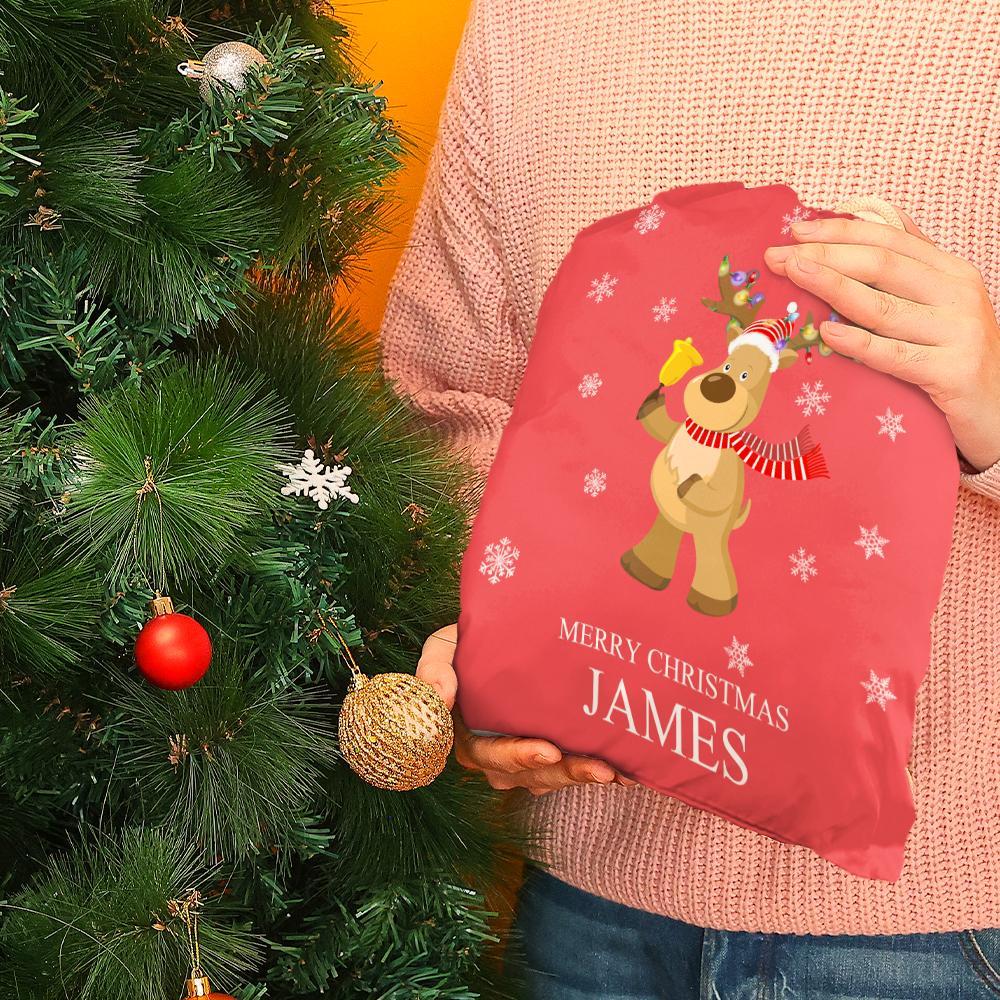 Custom Engraved Bag Cute Elk Christmas Sack Festive Gift for Boys & Girls - 