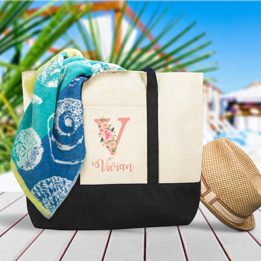Custom Name Canvas Tote Bag Personalized Flower Beach Bag Gift for Women - 