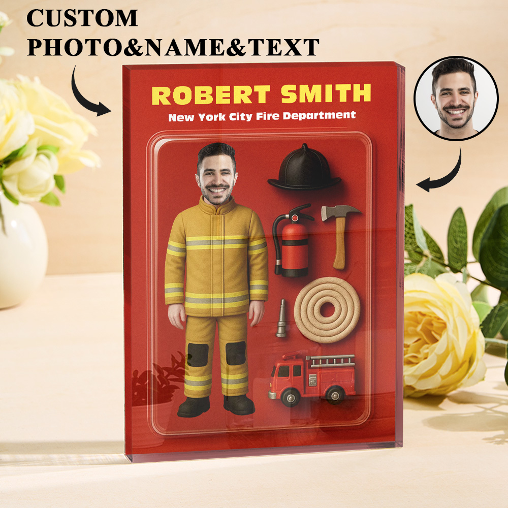 Personalized 3D Effect Firefighter Action Figure Customizable Head Packaging Custom Acrylic Block Plaque Gift For Firefighters