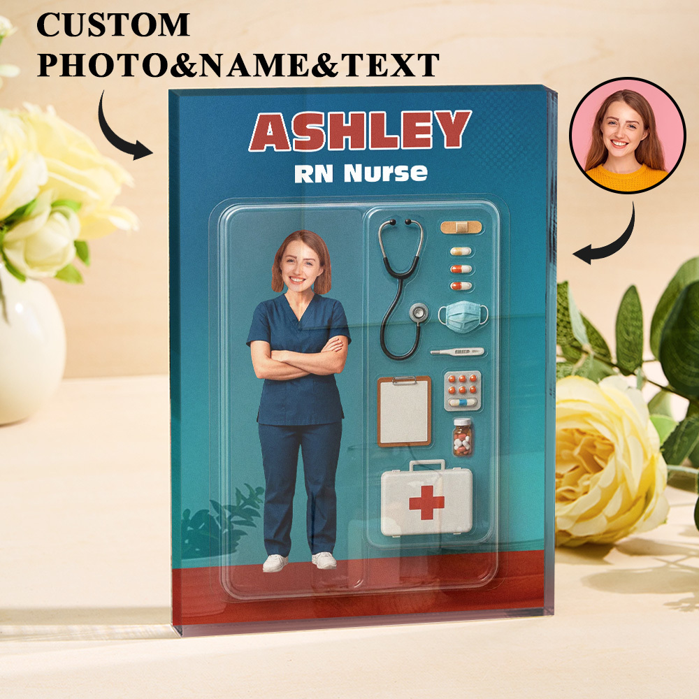 Personalized 3D Effect Nurse Action Figure Customizable Head Packaging Custom Acrylic Block Plaque Gift For Nurse - 