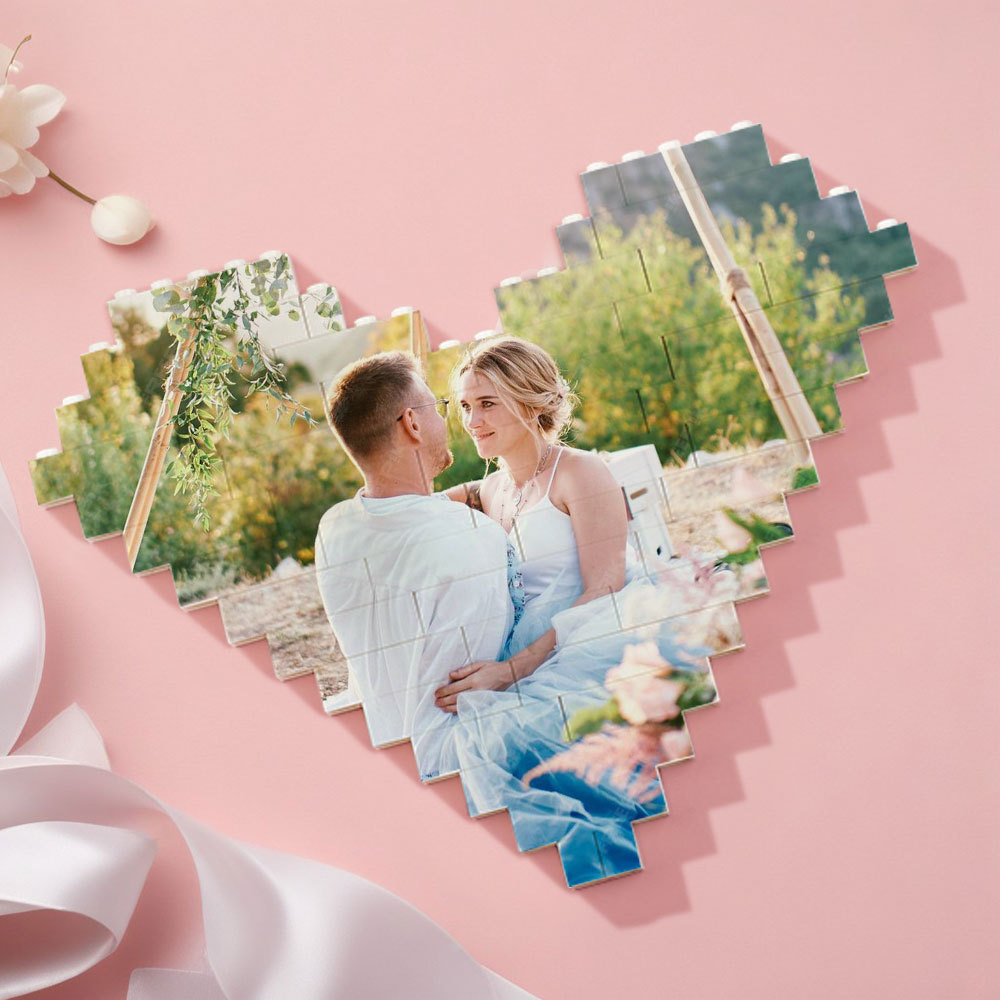 Custom Photo Building Brick Personalised Block Heart Shaped Gifts for Wedding Anniversary - 