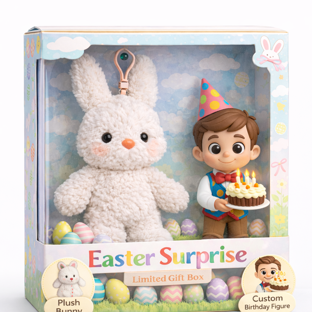 Custom Baby 3D Figure with Plush Bunny – Easter Gift Box Personalized Mini Doll - 