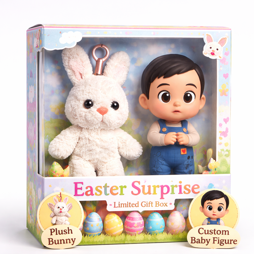 Custom Baby 3D Figure with Plush Bunny – Easter Gift Box Personalized Mini Doll - 