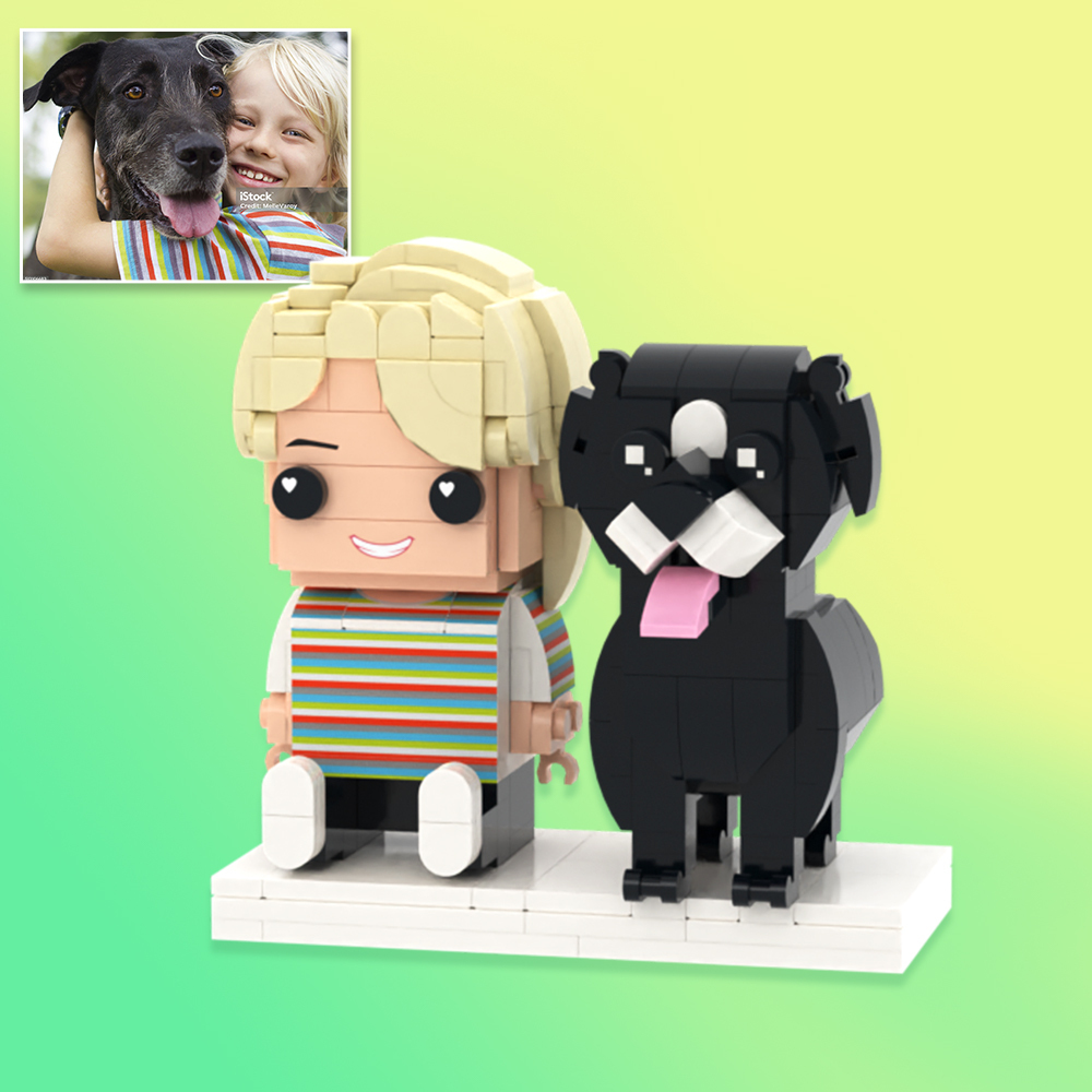 Personalized Full Body 2 People with Dog Brick Figures Custom Sitting Brick Figures - 