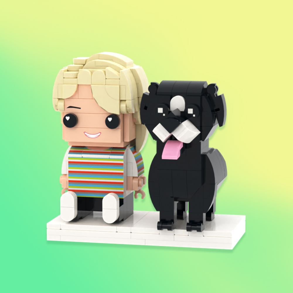Personalized Full Body 2 People with Dog Brick Figures Custom Sitting Brick Figures - 