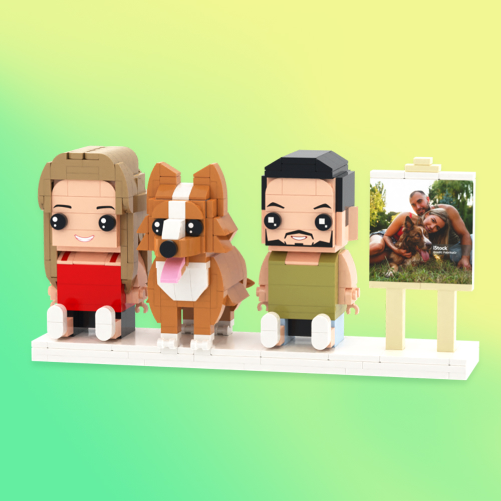 Personalized Full Body 2 People with Dog Brick Figures Custom Sitting Brick Figures - 