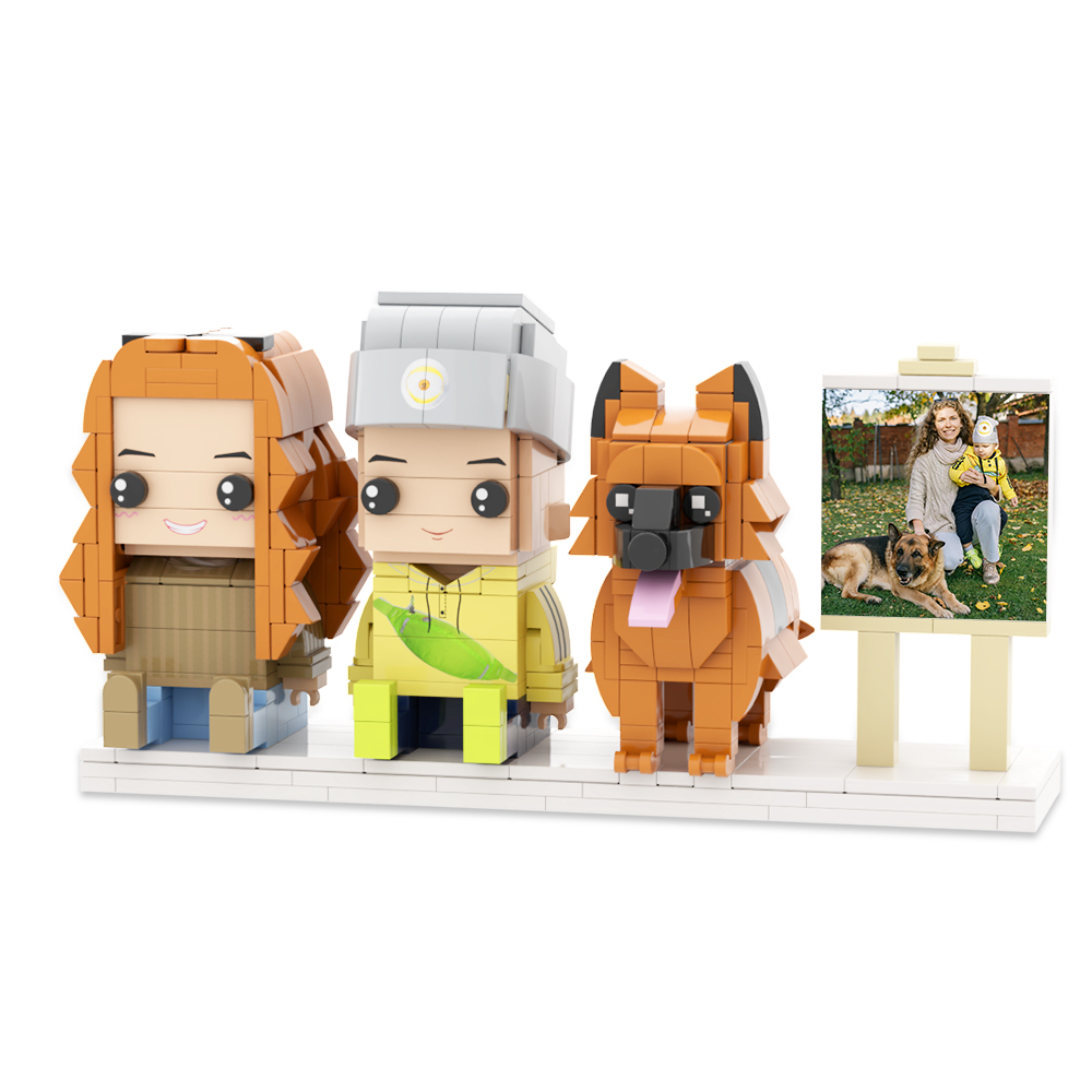 Personalized Full Body 2 People with Dog Brick Figures Custom Sitting Brick Figures - 