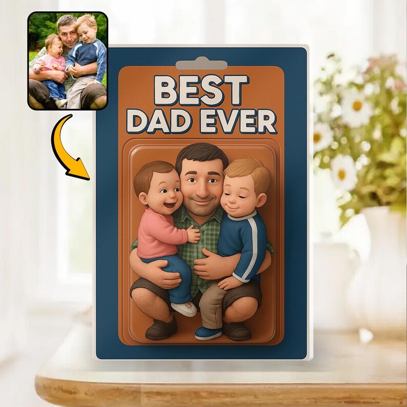 Personalized Father's Day Gift For Dad, Custom Photo Dad And Kids Action Figure Acrylic Block, Best Dad Ever Block Plaque, Gift For Husband - 