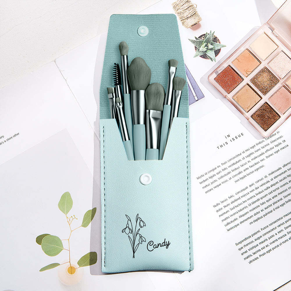 Personalized Birth Flower Leather Makeup Brush Bag with 8 Pcs Makeup Brushes Birthday Gift for Her - 