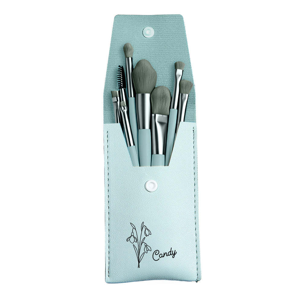 Personalized Birth Flower Leather Makeup Brush Bag with 8 Pcs Makeup Brushes Birthday Gift for Her - 